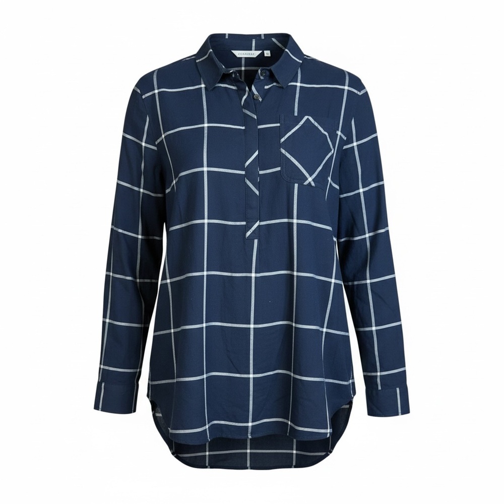 Athleta Navy and White Windowpane Button-Down Shirt